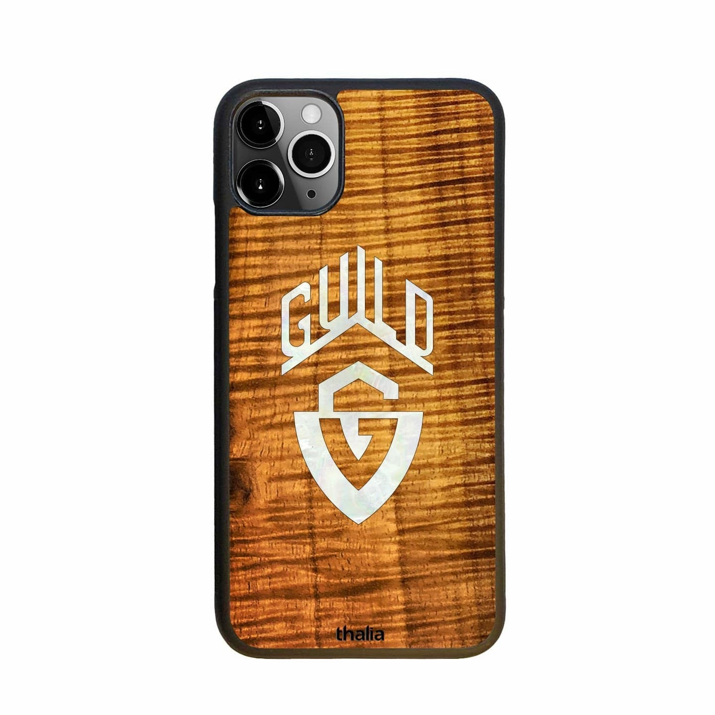 Comfort grip design Luxury Surface AAA Curly Hawaiian Koa & Guild G-Shield Pearl Logo | iPhone Case