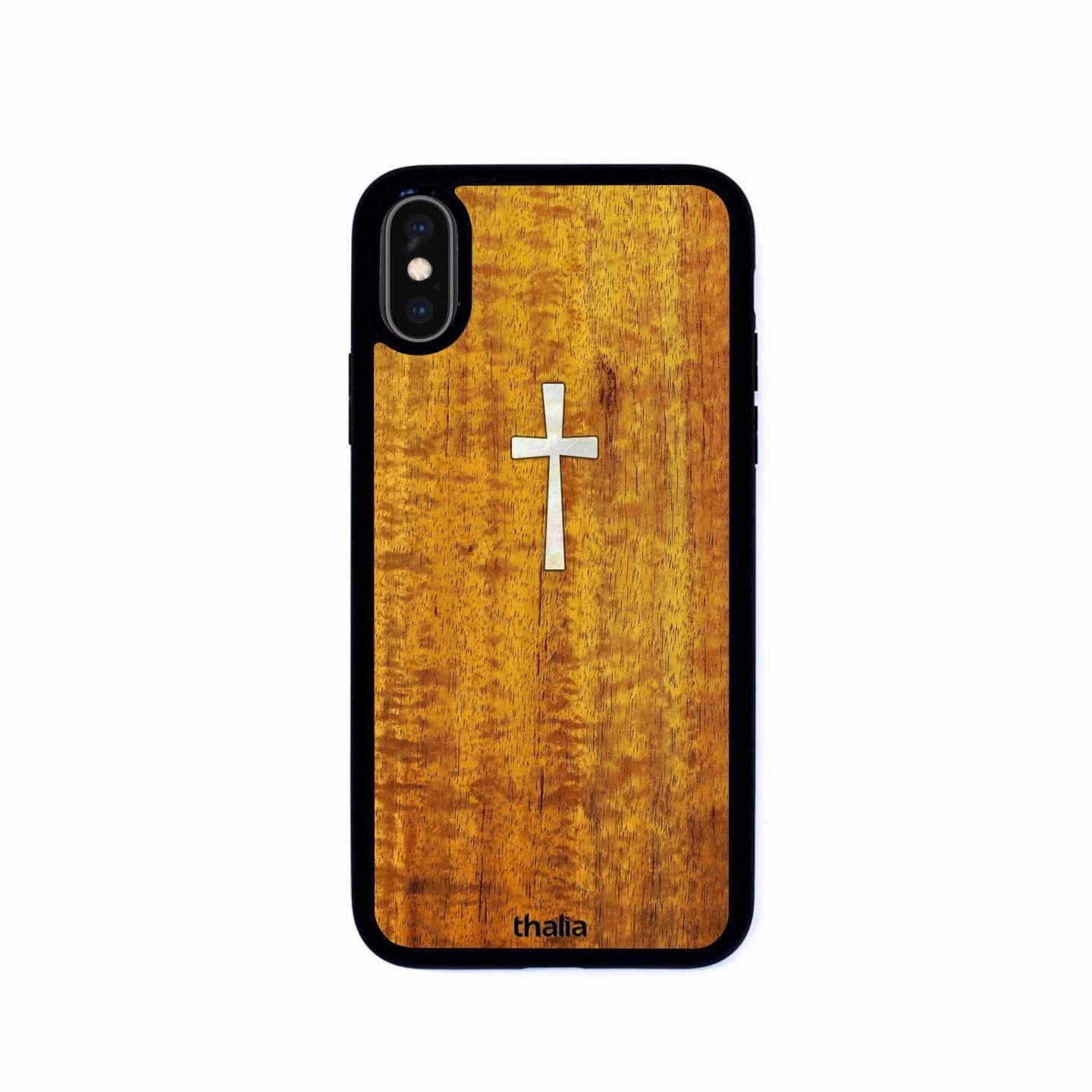 Protective Pattern Texture Creative Accent AAA Curly Hawaiian Koa with Cross MOP | iPhone Case
