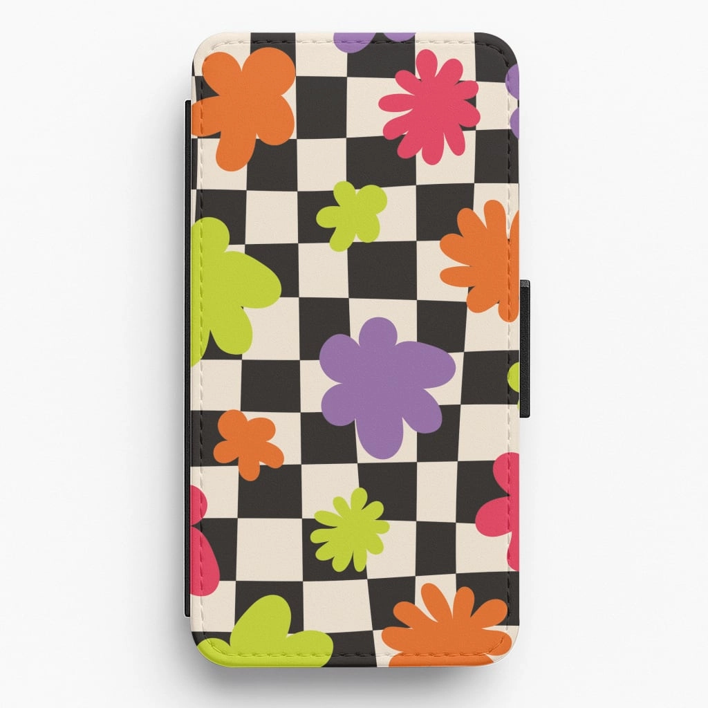 Durable Surface Abstract Flowers Checkered Pattern Flip / Wallet Phone Case