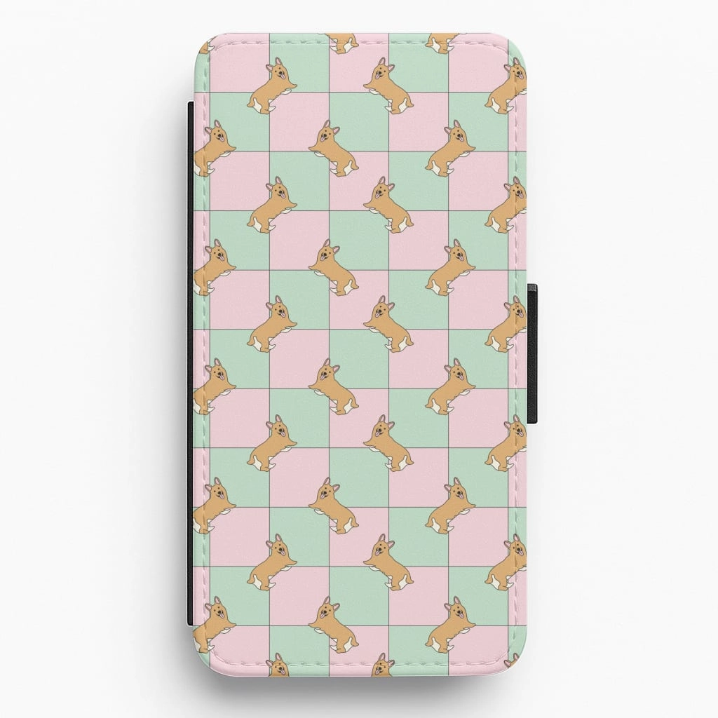 Checkered Corgis Pattern Flip / Wallet Phone Case Pocket Size
