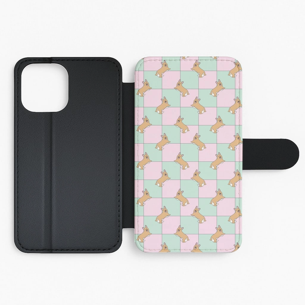 Checkered Corgis Pattern Flip / Wallet Phone Case Strong Surface