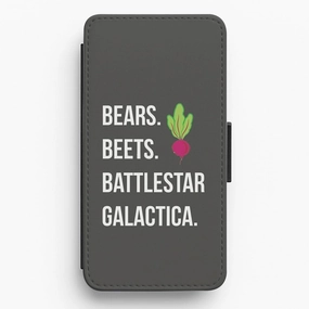 Bears. Beets. Battlestar Galactica Illustration Flip Wallet Phone Case Sleek Edge Design Clear Surface