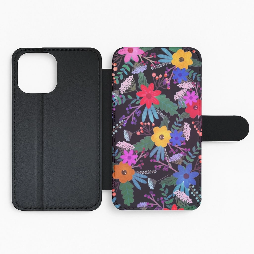 slim fit Black & Colourful Floral Pattern Flip / Wallet Phone Case