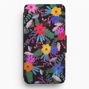 Black & Colourful Floral Pattern Flip / Wallet Phone Case Rugged Edge Daily Carry