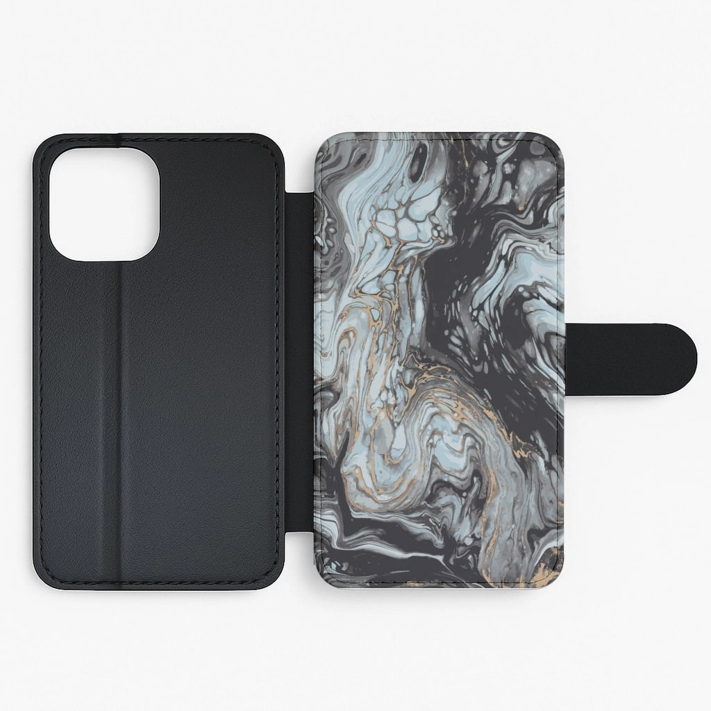 Sleek Guard Minimal Shield Texture Black And Gold Cloudy Marble Flip / Wallet Phone Case