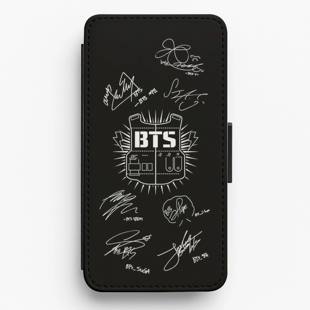 High-End Detail Everyday Use Black K-Pop Band Army Logo and Signatures Flip Wallet Phone Case