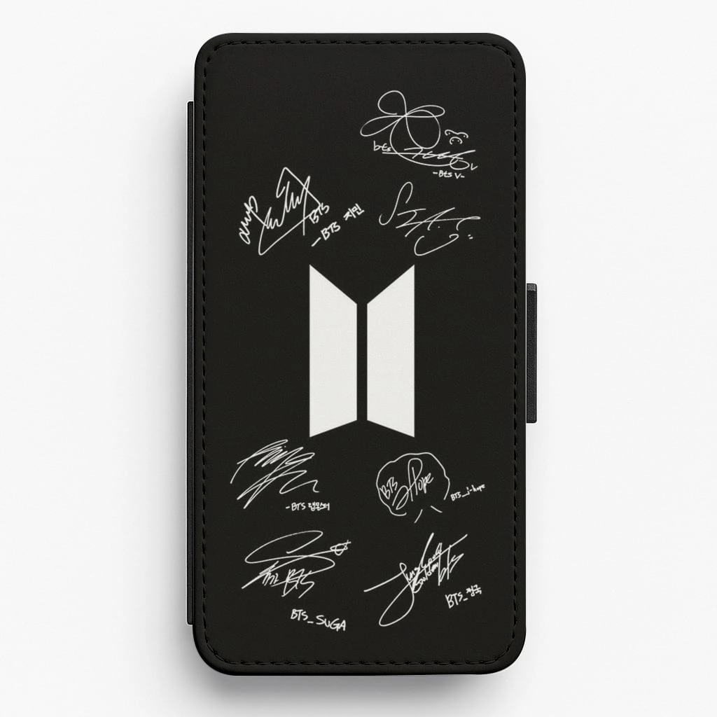 Black K-Pop Band Logo and Signatures Flip Wallet Phone Case Wireless charging