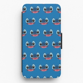 Blue Alien Face Pattern Flip / Wallet Phone Case Flexible Edge Texture