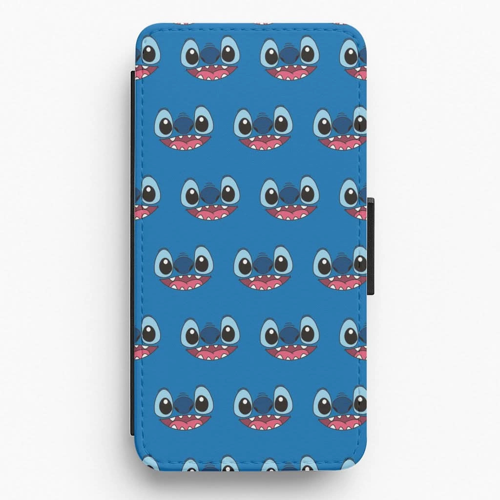 Blue Alien Face Pattern Flip / Wallet Phone Case Flexible Edge Texture