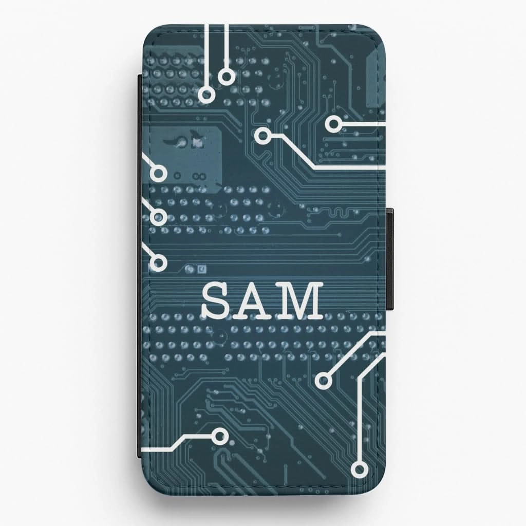 Blue Circuit Board Personalised Name Flip / Wallet Phone Case Fashion Edge Hybrid Build Texture
