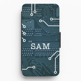Blue Circuit Board Personalised Name Flip / Wallet Phone Case Fashion Edge Hybrid Build Texture