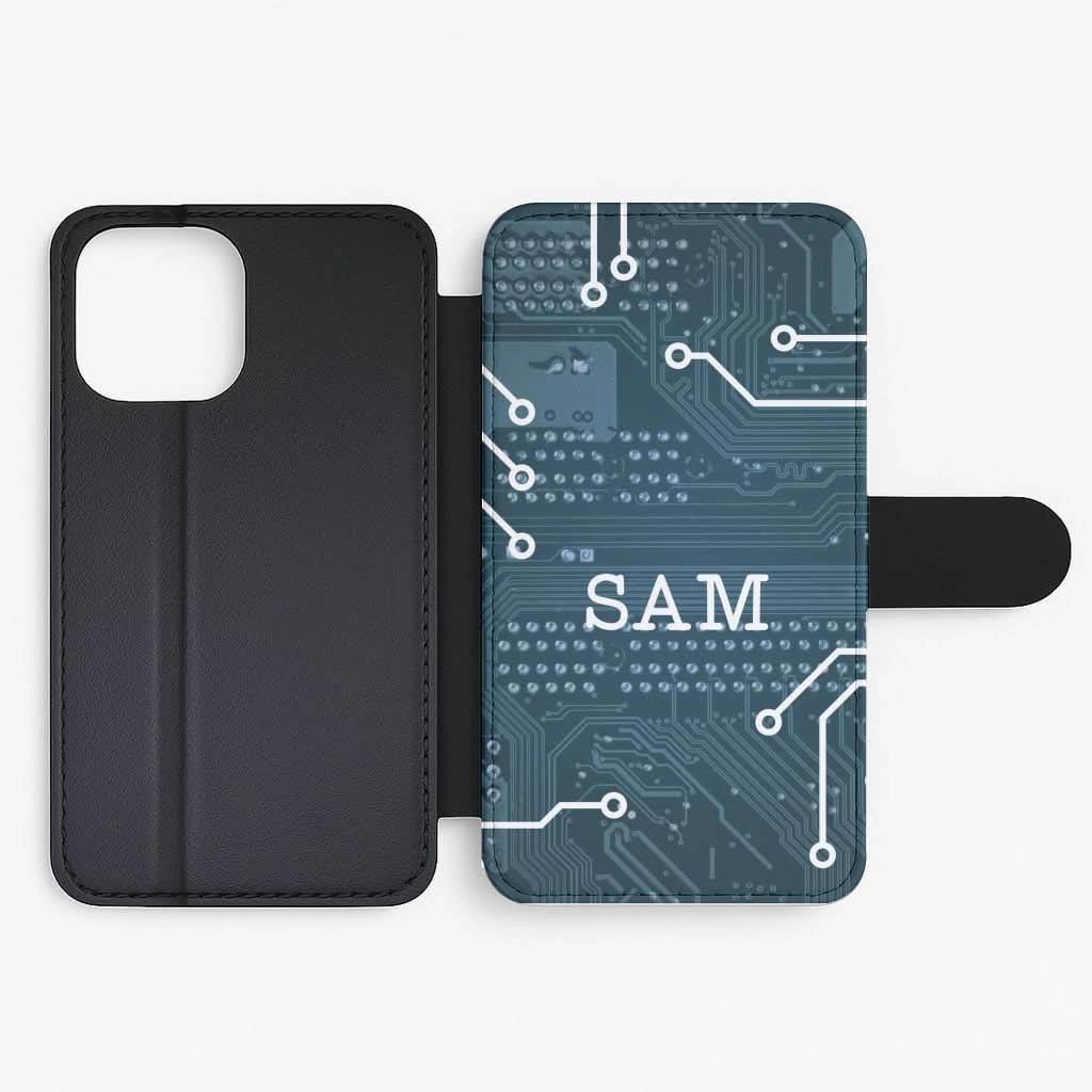 Blue Circuit Board Personalised Name Flip / Wallet Phone Case Strong material Soft Touch