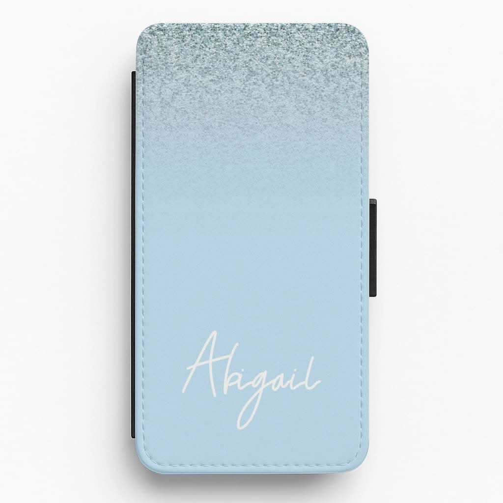 Matte Protection Blue Glitter Personalised Name Flip / Wallet Phone Case