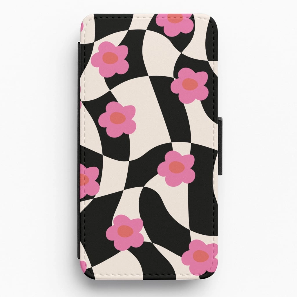 Metal Texture Checkboard Flowers - Trippy Patterns Flip / Wallet Phone Case