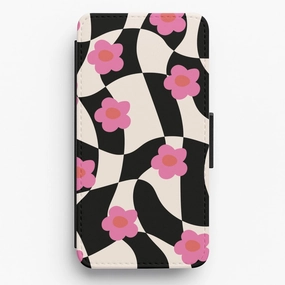 Metal Texture Checkboard Flowers - Trippy Patterns Flip / Wallet Phone Case