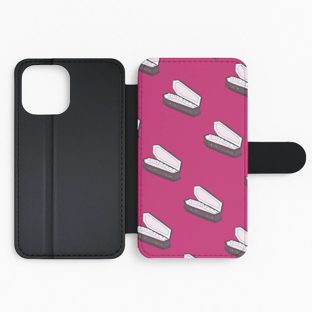 Hybrid Look Soft Edging Bright Pink Coffin Pattern Flip / Wallet Phone Case