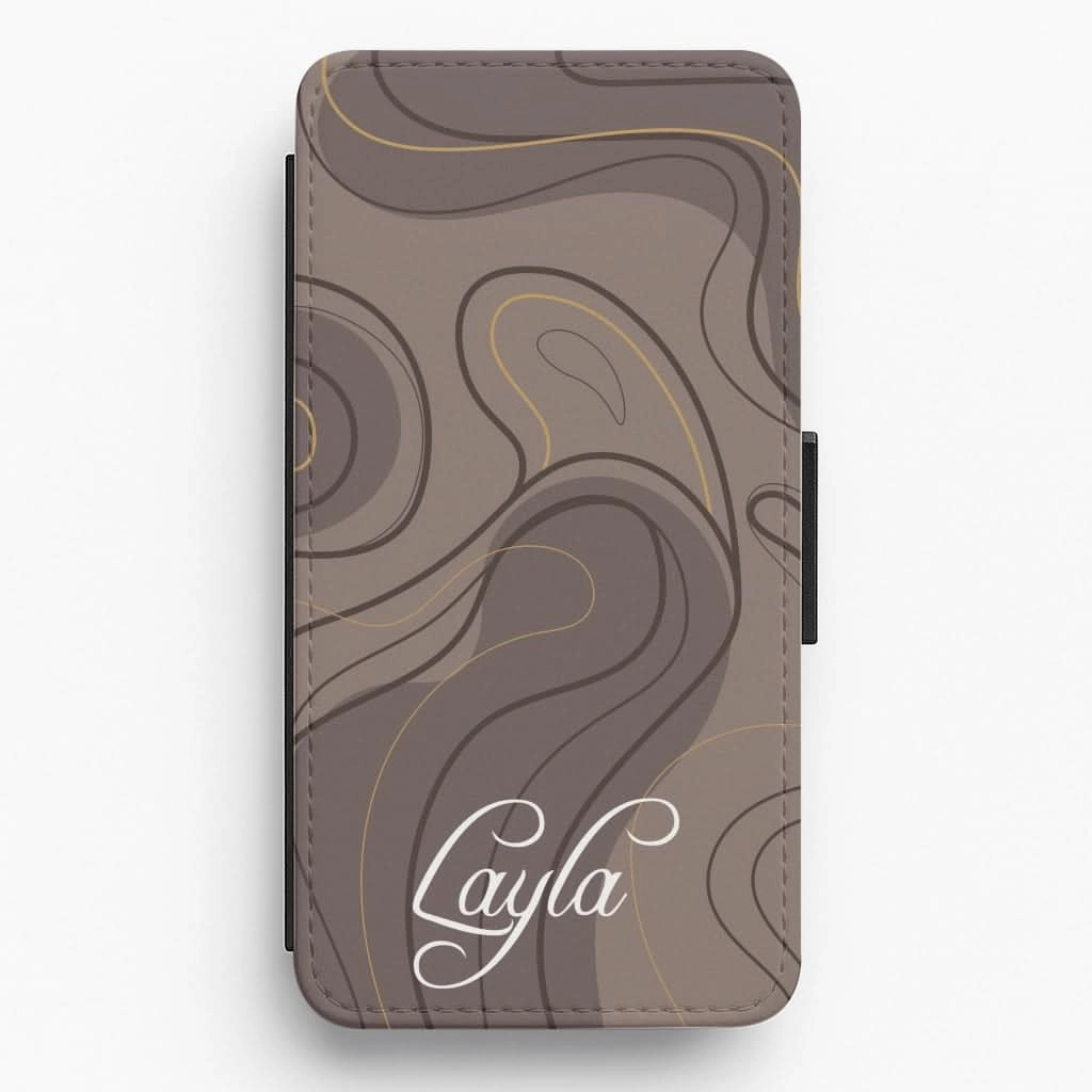 Enhanced Durability Brown Marble Waves Personalised Name Flip / Wallet Phone Case