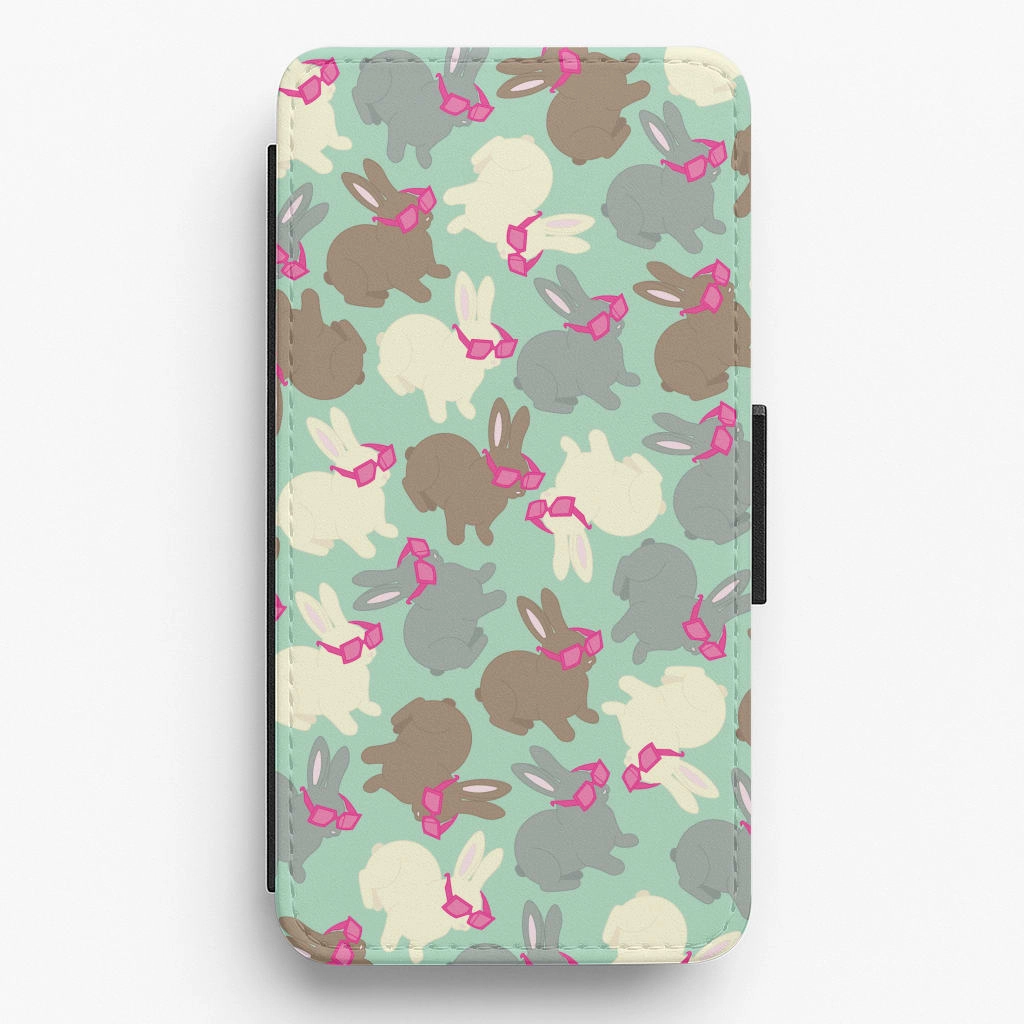 Smooth Pattern Rugged Frame Design Bunny With Glasses Pattern Flip / Wallet Phone Case