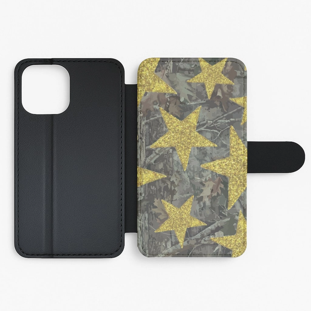 Camo And Glitter Stars Pattern Flip / Wallet Phone Case Trendy Design