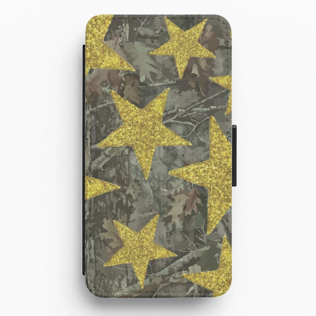 Matte Guard Camo And Glitter Stars Pattern Flip / Wallet Phone Case