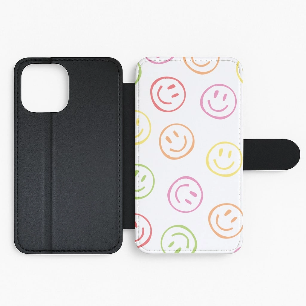 Colourful Sketched Smileys Pattern Flip / Wallet Phone Case Protective Design Layer
