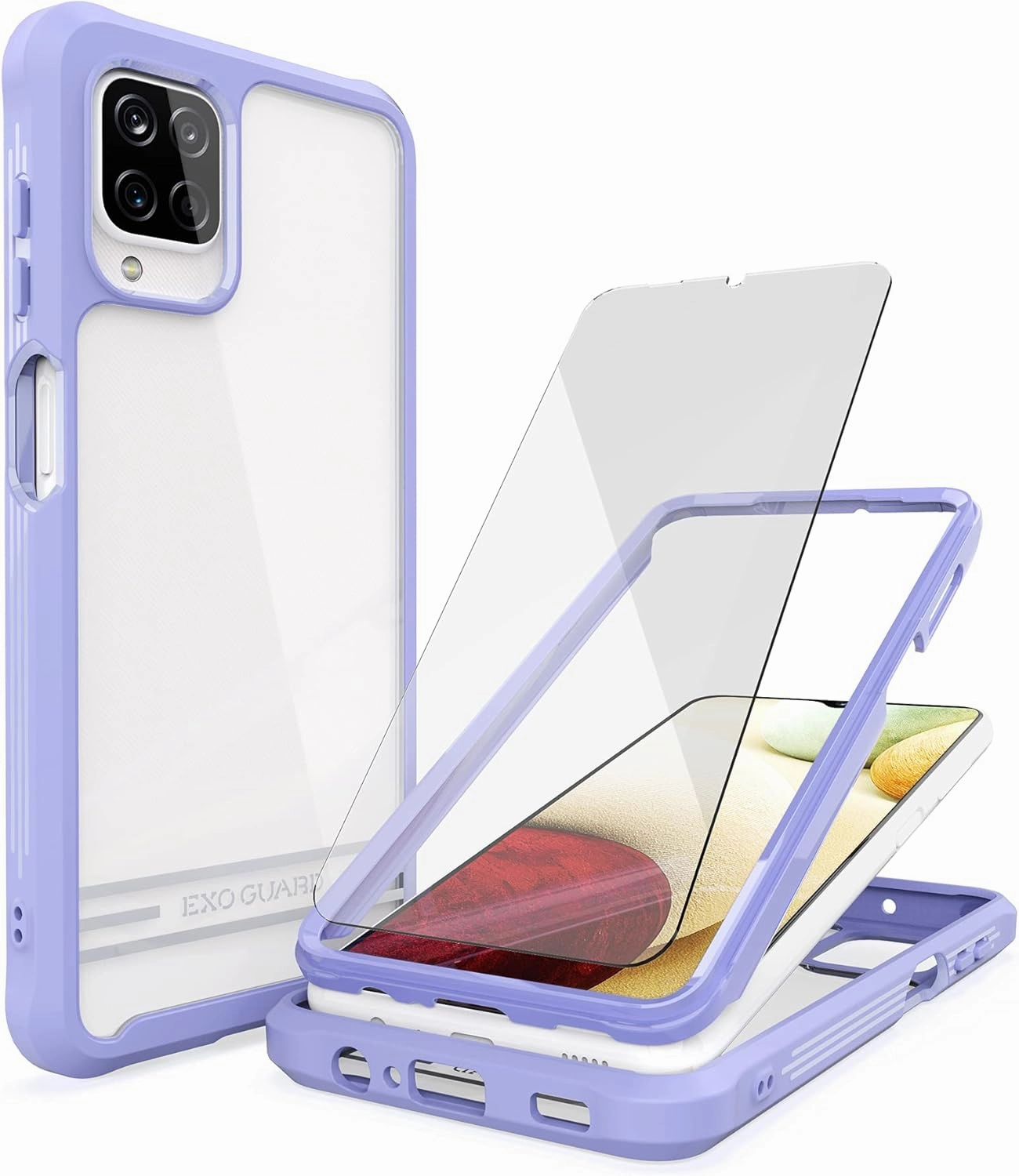 Matte Texture Layer ExoGuard Samsung Galaxy A12 Case with Screen Protector, Dual Layer Full Body Protection Cover Clear Back Phone Case for Samsung A12