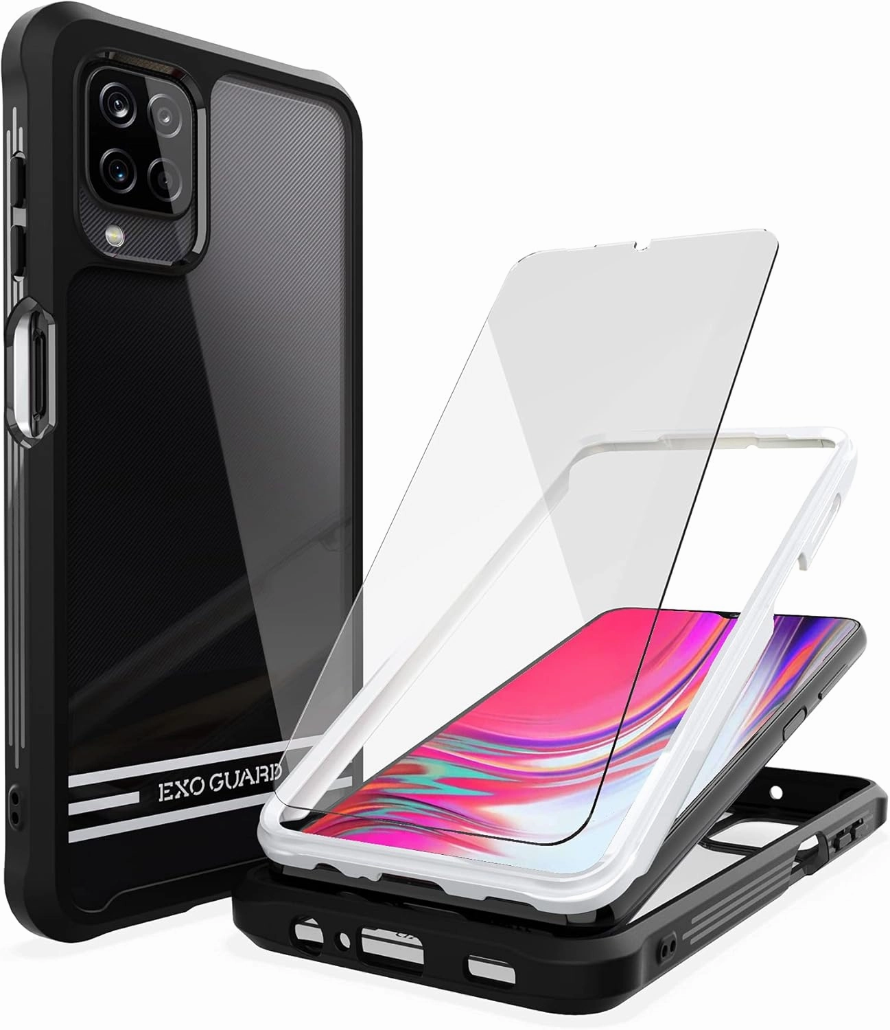 ExoGuard Samsung Galaxy A12 Case with Screen Protector, Dual Layer Full Body Protection Cover Clear Back Phone Case for Samsung A12 Trendy Texture