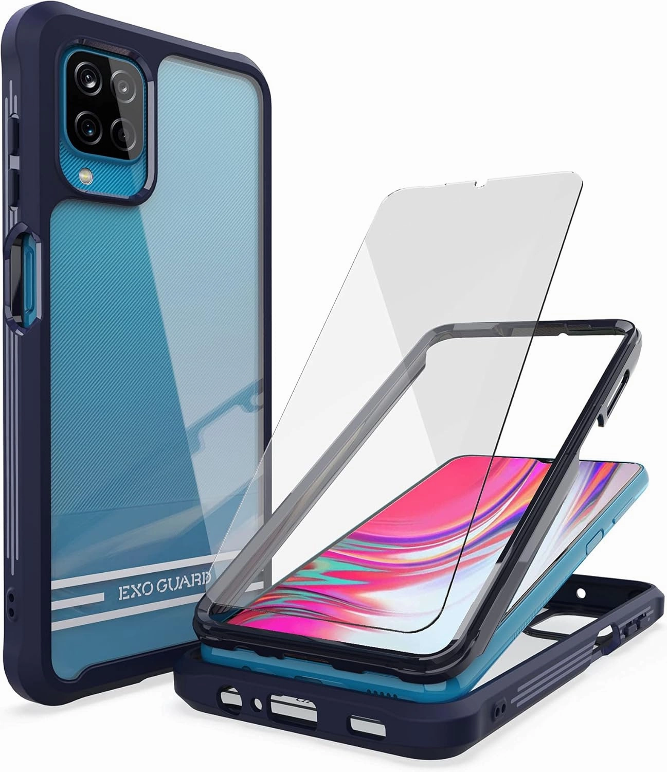 ExoGuard Samsung Galaxy A12 Case with Screen Protector, Dual Layer Full Body Protection Cover Clear Back Phone Case for Samsung A12 Trendy Texture
