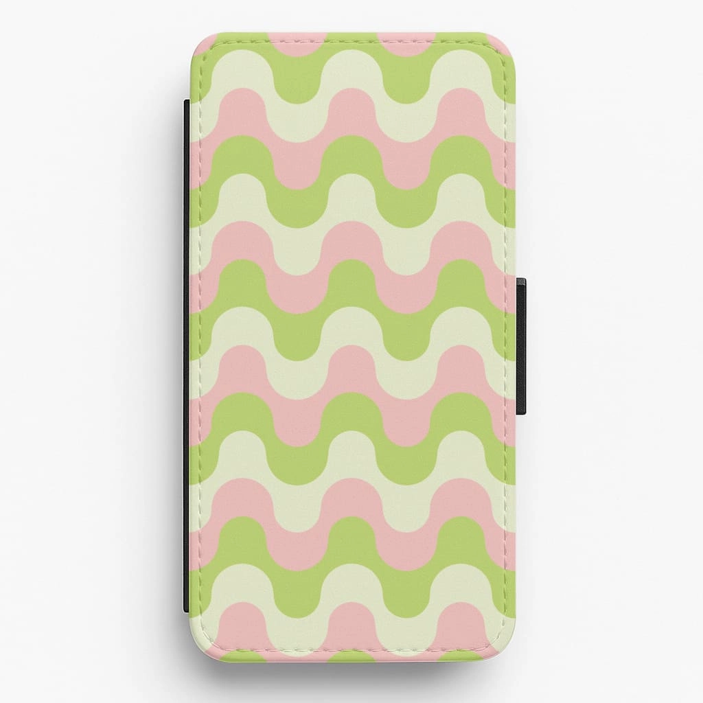 Green And Pink Retro Waves Pattern Flip / Wallet Phone Case Soft Design