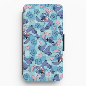 Blue Alien And Hearts Pattern Flip / Wallet Phone Case Smooth Touch Flexible Touch