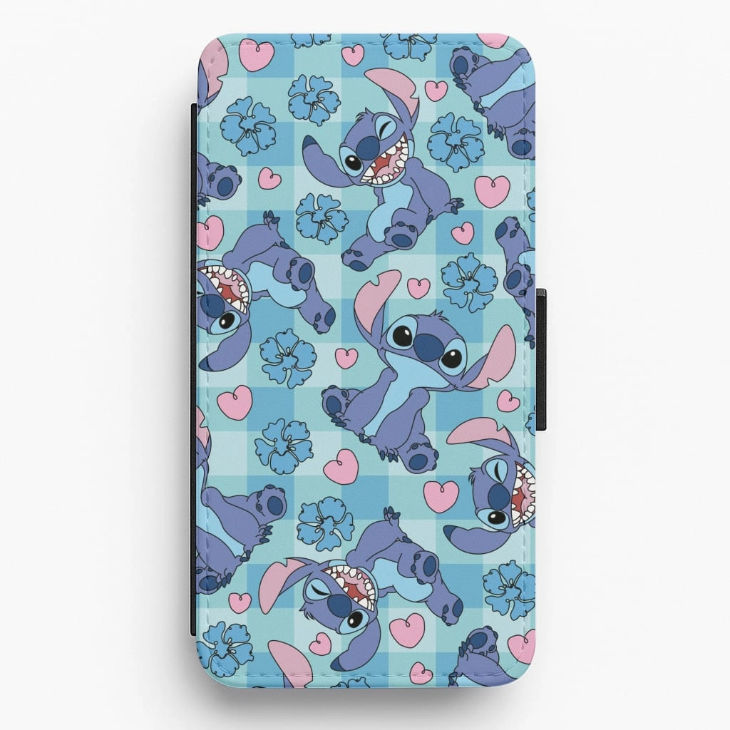 Blue Alien And Hearts Pattern Flip / Wallet Phone Case Smooth Touch Flexible Touch