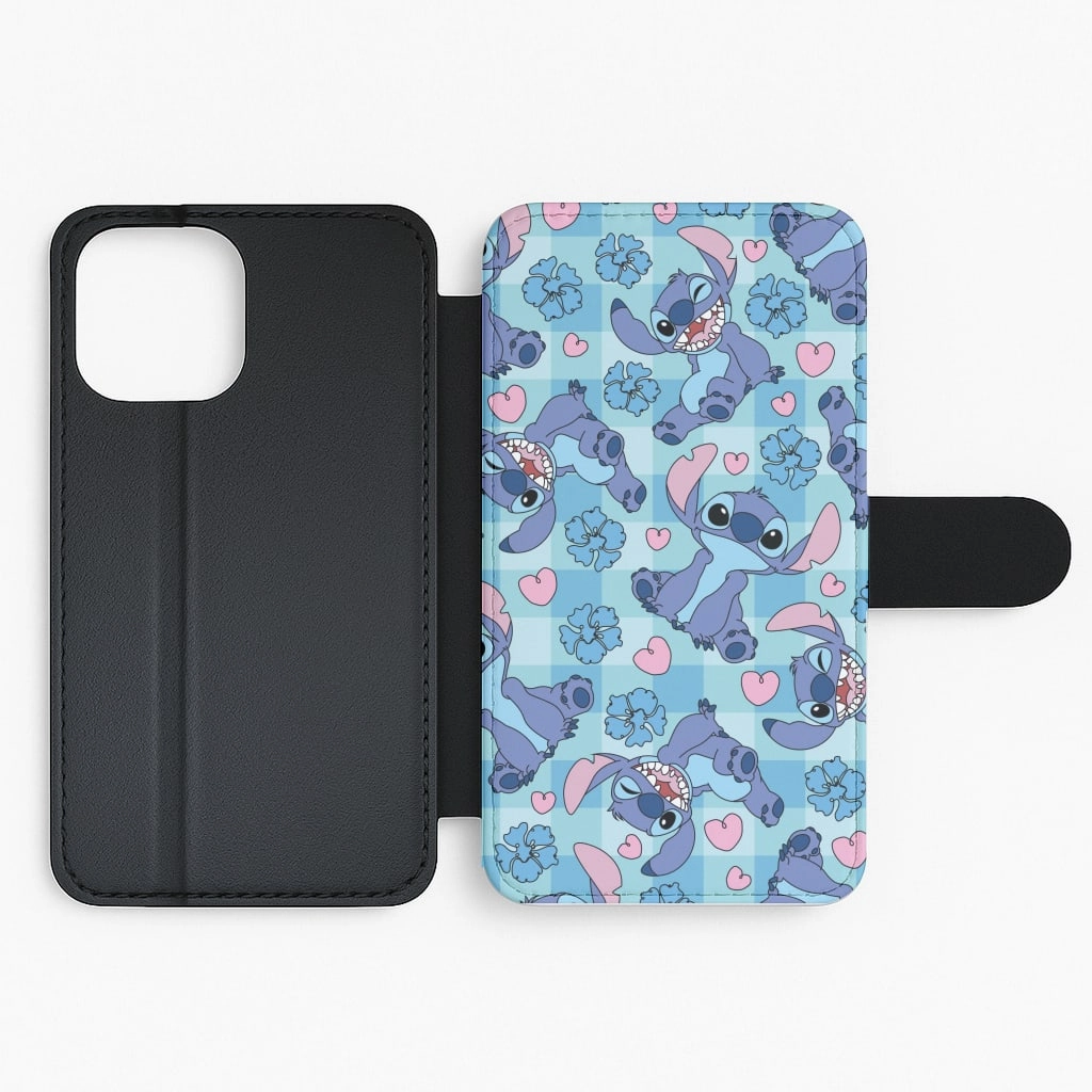 Blue Alien And Hearts Pattern Flip / Wallet Phone Case Grip Enhanced Durable Pattern Texture