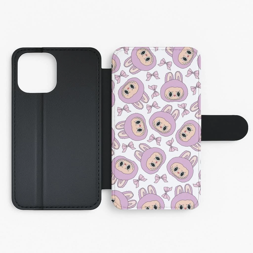 Cute Purple Monster And Bows Pattern Flip / Wallet Phone Case Stylish Aesthetic Stylish Layer Texture