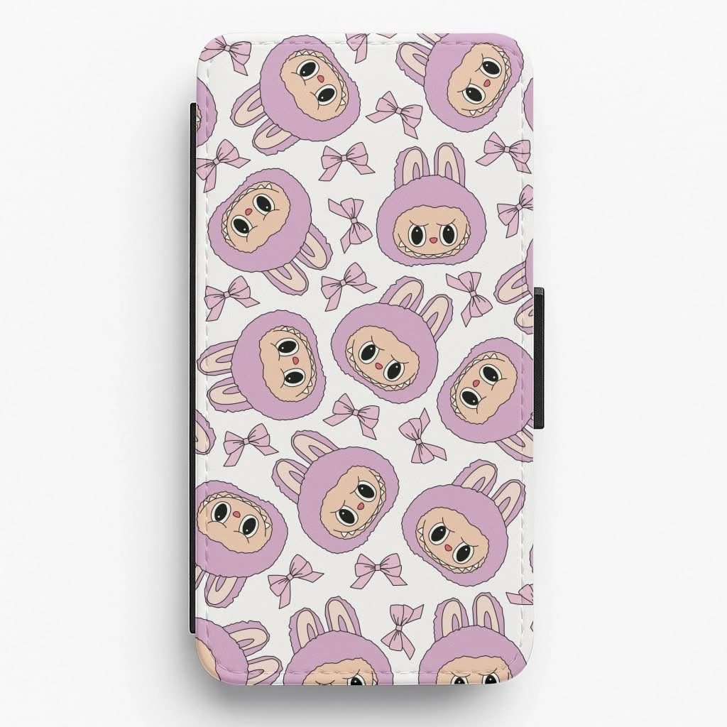 Stylish Layer Texture Perfect Fit Cute Purple Monster And Bows Pattern Flip / Wallet Phone Case