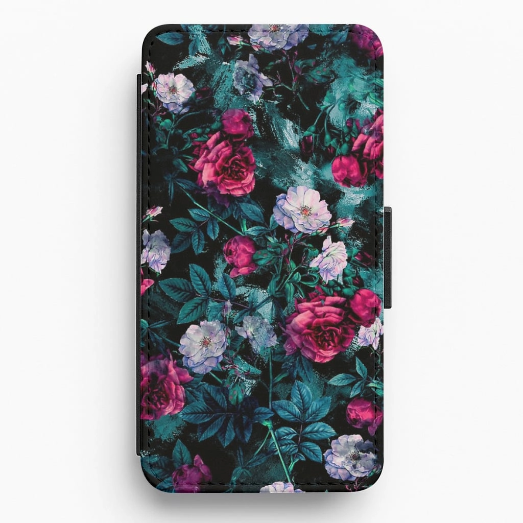 Black Floral Pattern Flip / Wallet Phone Case Anti glare