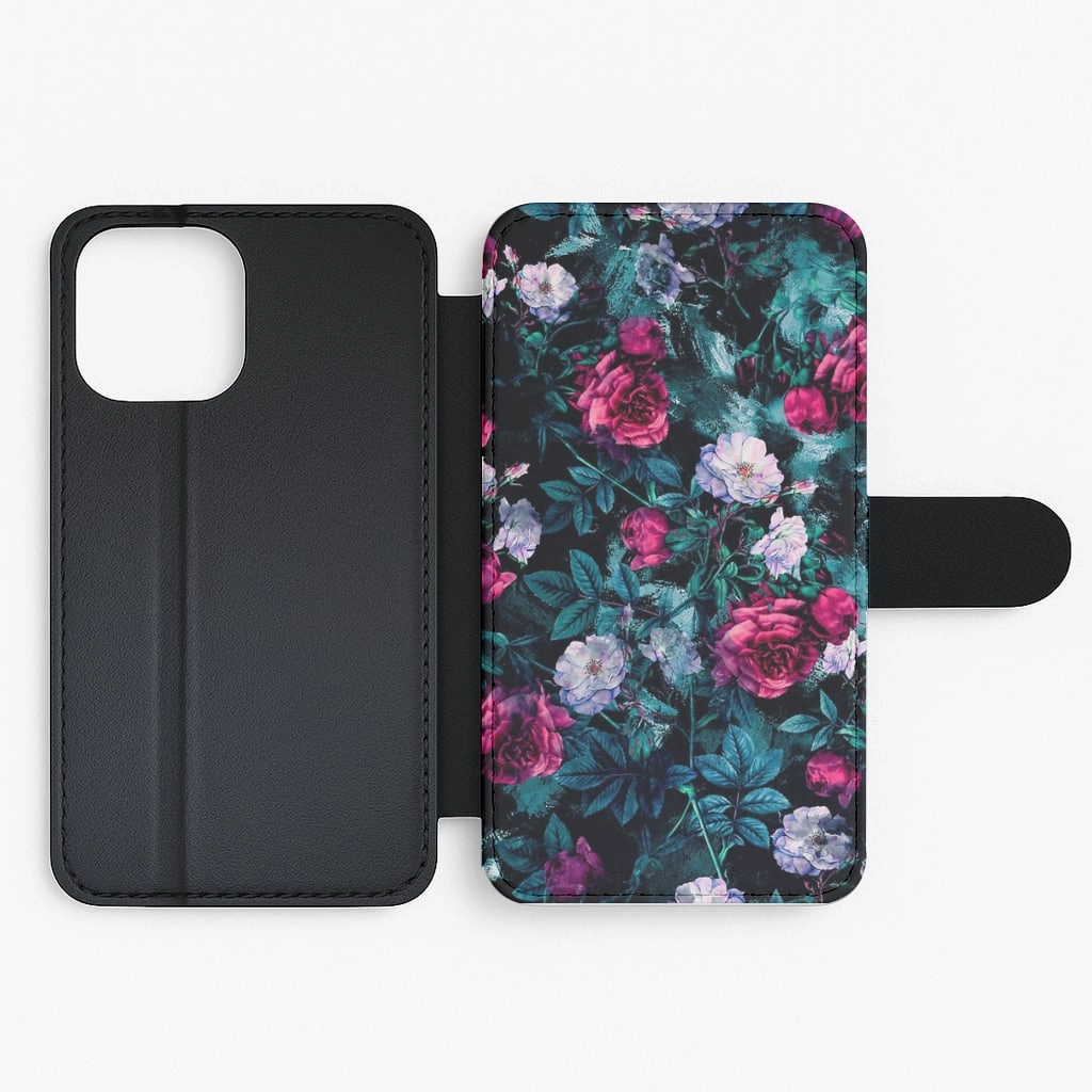 Black Floral Pattern Flip / Wallet Phone Case Elegant Finish Simple Finish