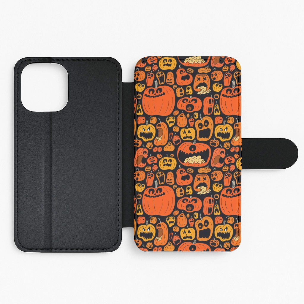 Luxury Texture Design Scary Pumpkin Halloween Pattern Flip Wallet Phone Case