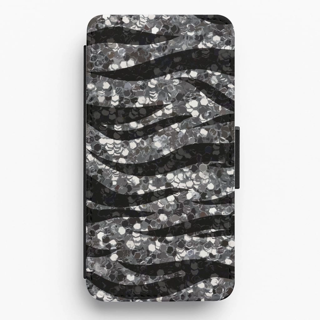 Silver Sequin Tiger Pattern Flip / Wallet Phone Case Light Finish