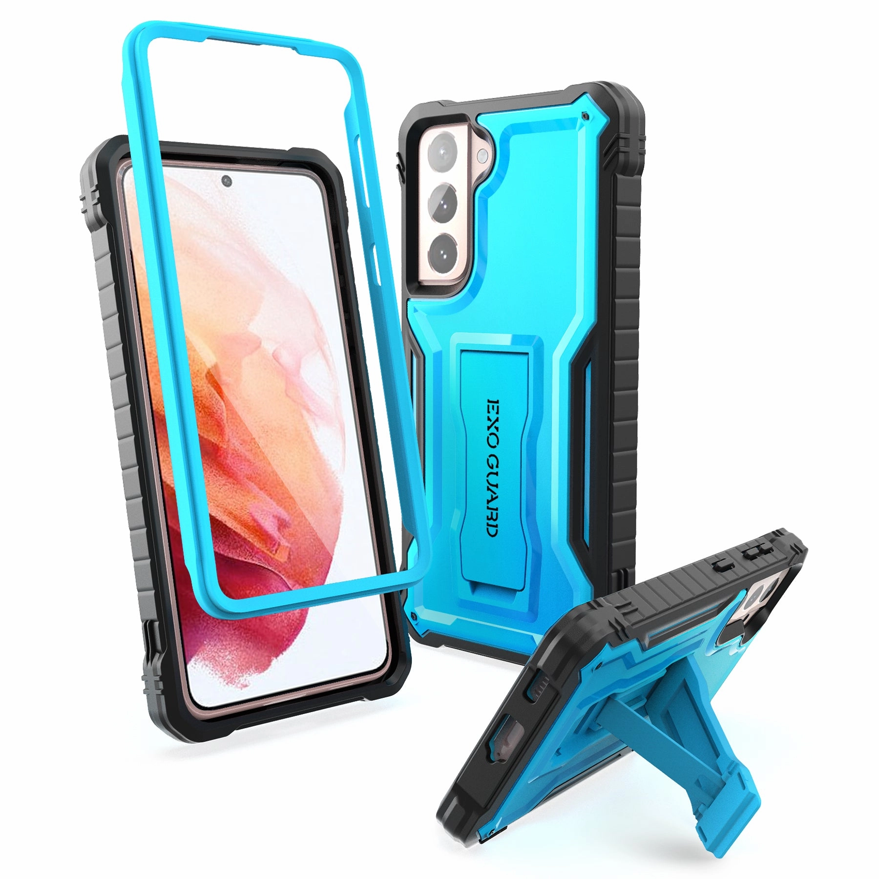 ExoGuard Samsung Galaxy S21 Series Case, Rubber Shockproof Full Body Cover Case Built-in Kickstand for Samsung S21 / Samsung S21 FE / Samsung S21 Plus / Samsung S21 Ultra Soft Layer Texture