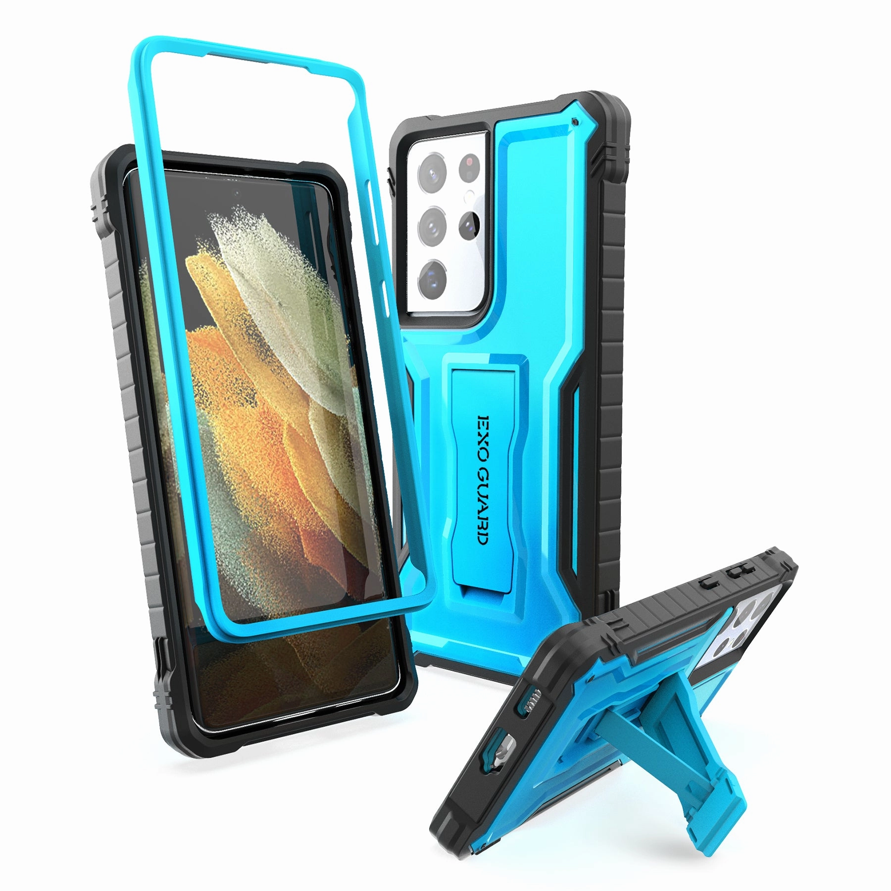 ExoGuard Samsung Galaxy S21 Series Case, Rubber Shockproof Full Body Cover Case Built-in Kickstand for Samsung S21 / Samsung S21 FE / Samsung S21 Plus / Samsung S21 Ultra Comfort Grip Protective Frame Design