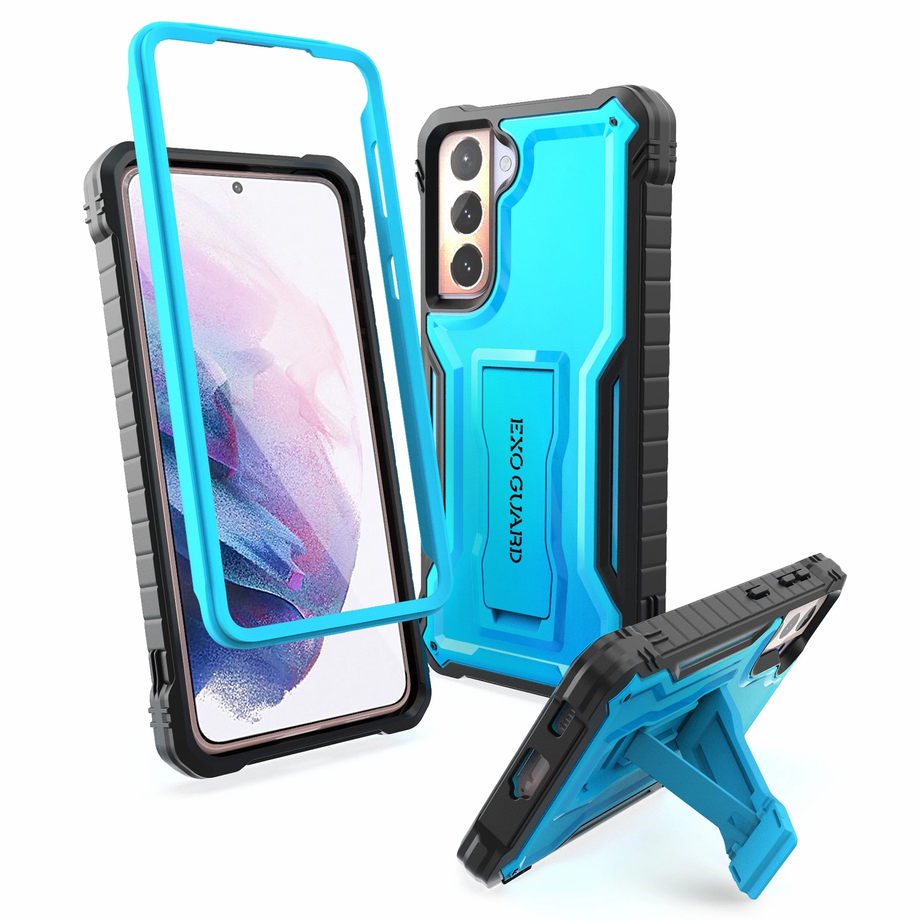 ExoGuard Samsung Galaxy S21 Series Case, Rubber Shockproof Full Body Cover Case Built-in Kickstand for Samsung S21 / Samsung S21 FE / Samsung S21 Plus / Samsung S21 Ultra Shockproof Edge