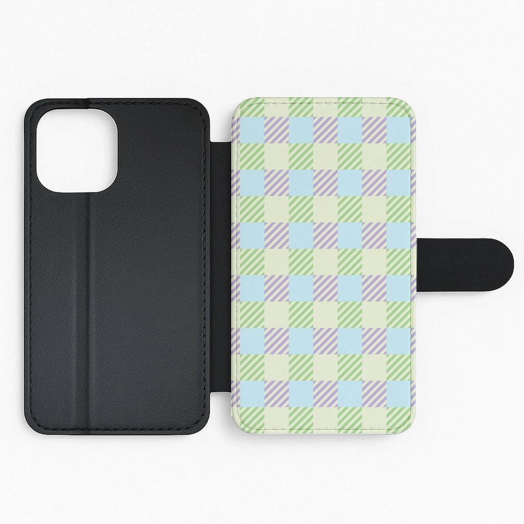 Comfort Texture Finish Travel Companion Green And Purple Checkered Flip / Wallet Phone Case