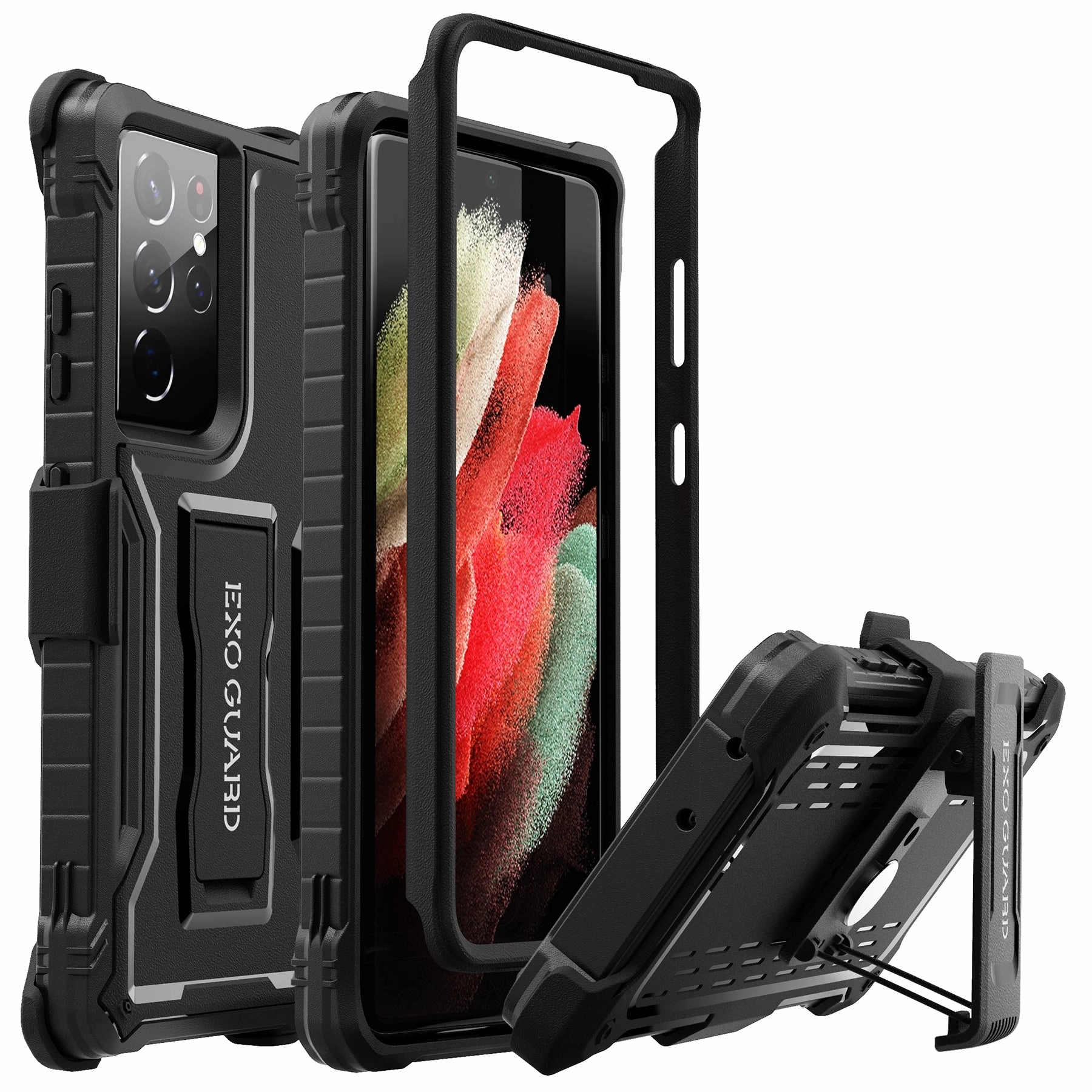 ExoGuard Belt Clip Holster and Case for Samsung Galaxy S21 Series, Heavy Duty Belt Clip Holster and Adjustable with 360 Degree Rotation, No Screen Protector (Black) Protective Corners Minimal Look