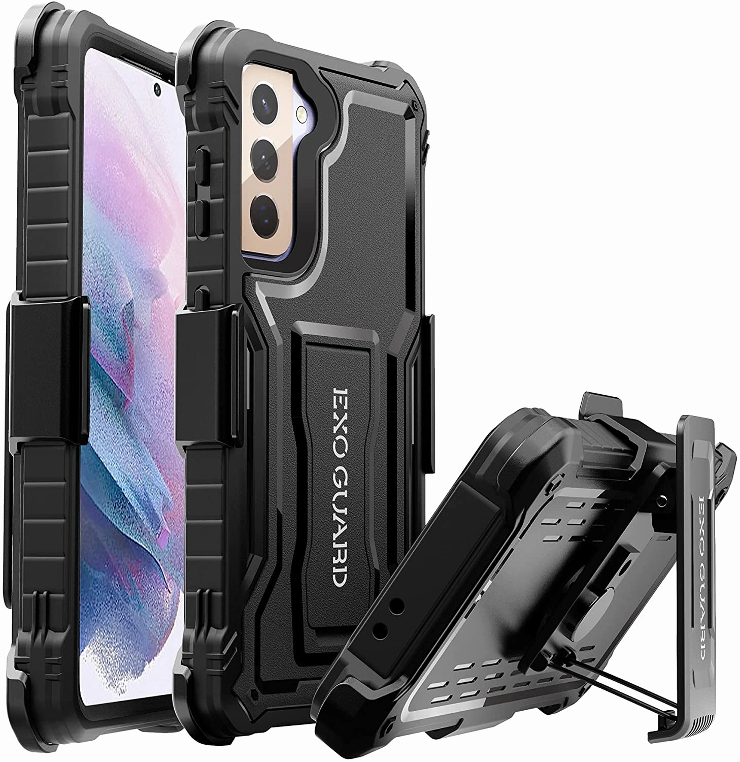 ExoGuard Belt Clip Holster and Case for Samsung Galaxy S21 Series, Heavy Duty Belt Clip Holster and Adjustable with 360 Degree Rotation, No Screen Protector (Black) Simple Finish Shock Surface