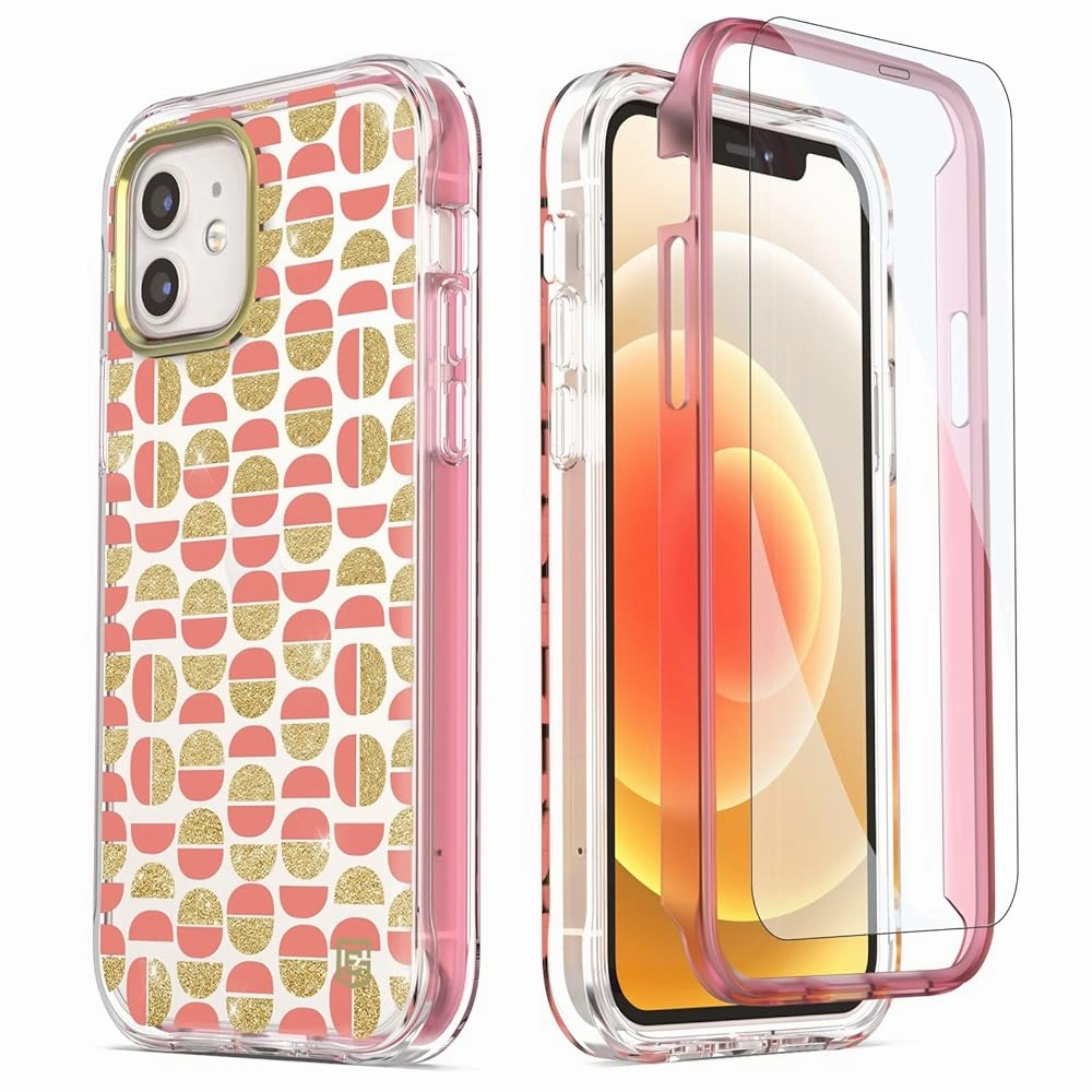 Rugged Design Style ExoGuard for iPhone 12 Case, Compatible with iPhone 12 Pro Case 6.1 Inch Comes with Tempered Glass Screen Protector,  Floral Pattern Gold Glitter Shockproof Slim Cover Clear Case