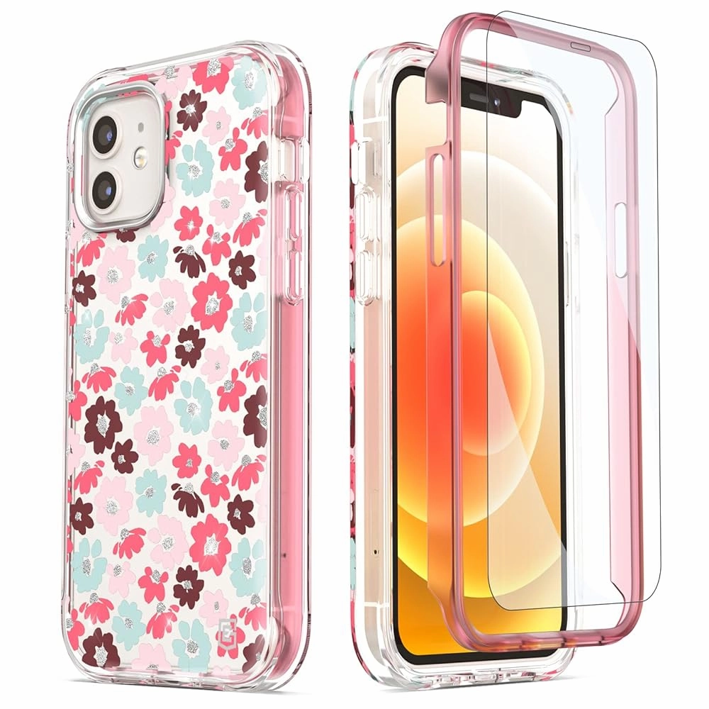 ExoGuard for iPhone 12 Case, Compatible with iPhone 12 Pro Case 6.1 Inch Comes with Tempered Glass Screen Protector,  Floral Pattern Gold Glitter Shockproof Slim Cover Clear Case Durable Finish Layer Sleek Grip