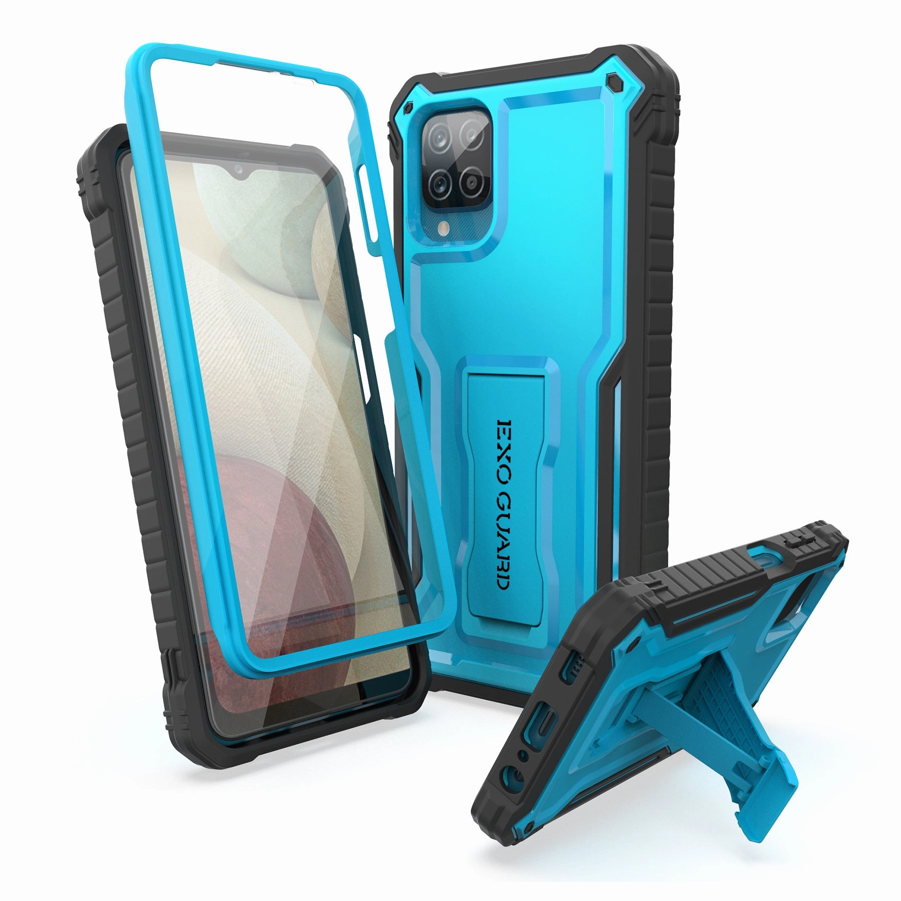 ExoGuard for Samsung Galaxy A12 Case, Rubber Shockproof Full-Body Cover Case Built-in Screen Protector and Kickstand Compatible with Samsung A12 Phone Smooth Feel Surface