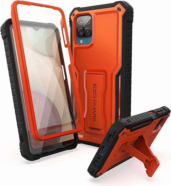 professional accessory ExoGuard for Samsung Galaxy A12 Case, Rubber Shockproof Full-Body Cover Case Built-in Screen Protector and Kickstand Compatible with Samsung A12 Phone