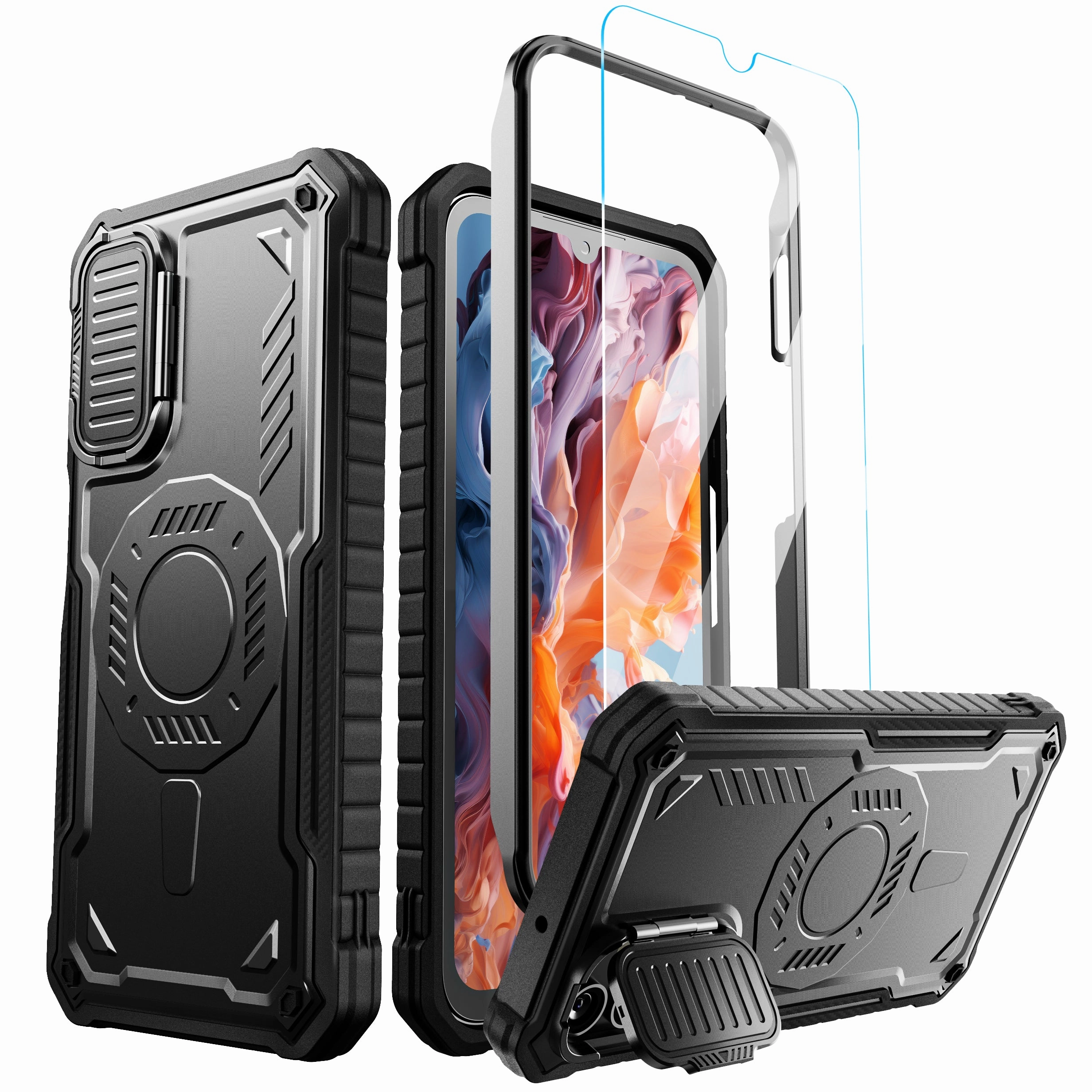 ExoGuard for Samsung Galaxy A15 Case with Screen Protector, Rubber Full-Body Cover Protective Case with Camera Cover and Kickstand Function Rugged Frame Design Slim Protection