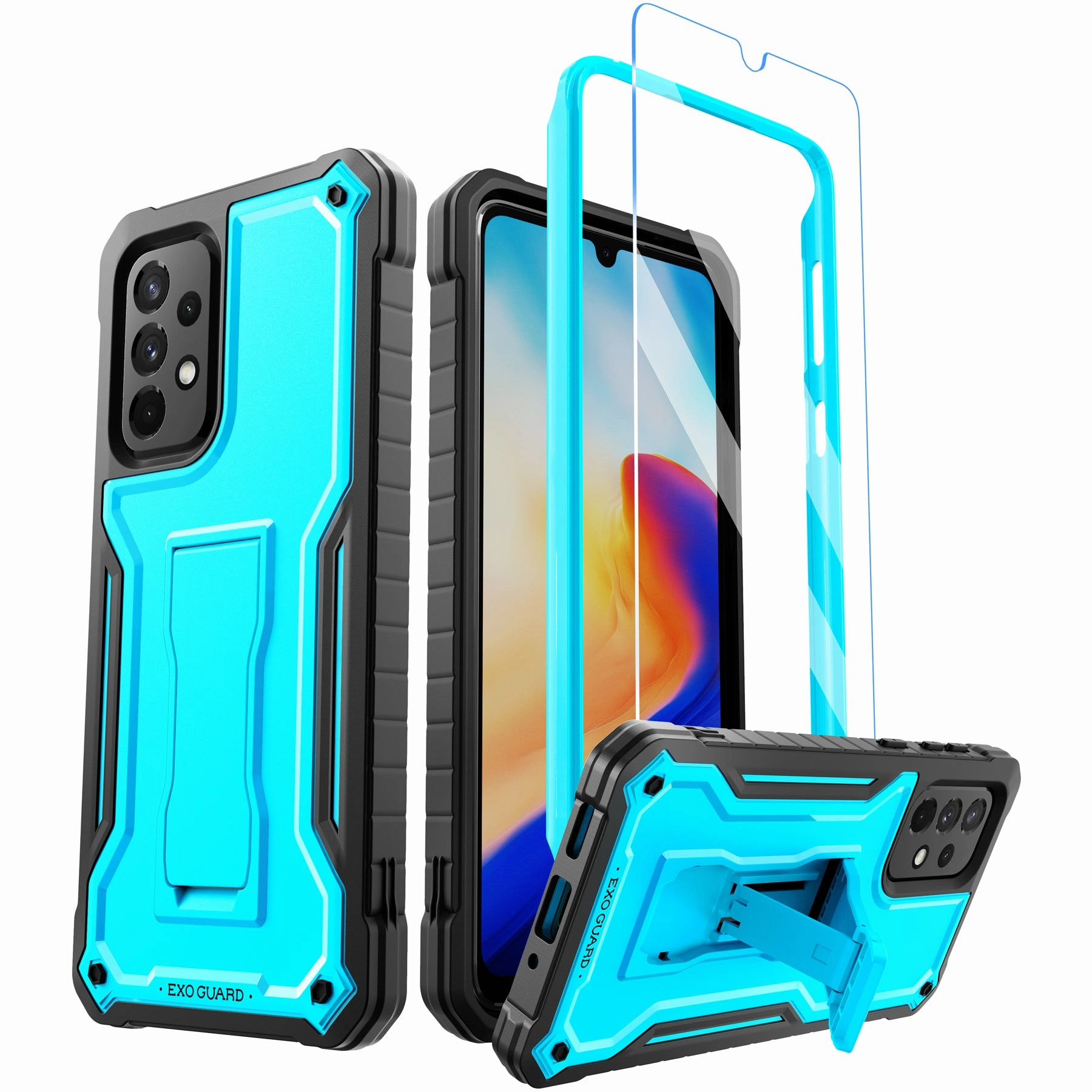 Soft Touching Protective Corner ExoGuard for Samsung Galaxy A33 Case, Rubber Shockproof Full-Body Cover Case with a Tempered Glass Screen Protector and Kickstand